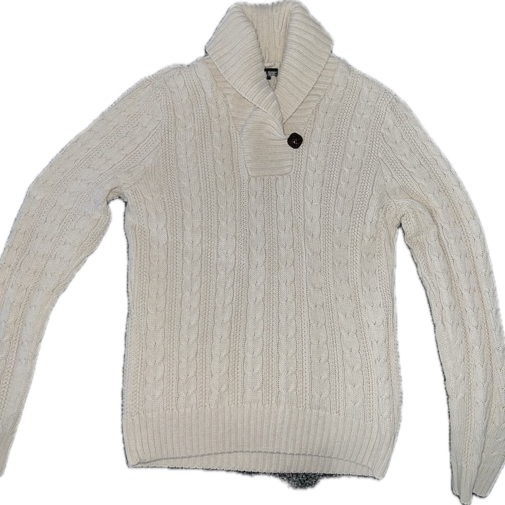 Jeanne Pierre Woman L Sweater Cable Knit Beige Pullover Cowl Button